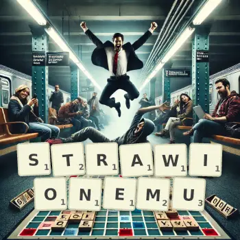 Kreatywna ilustracja do gry w Scrabble ze słowem STRAWIONEMU ułożonym z płytek na planszy.