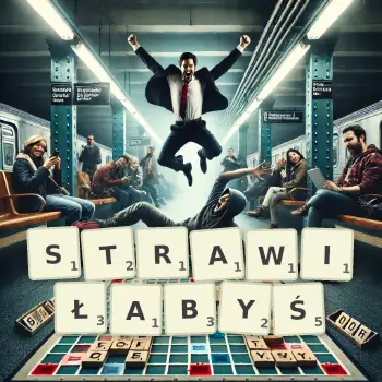Kreatywna ilustracja do gry w Scrabble ze słowem STRAWIŁABYŚ ułożonym z płytek na planszy.