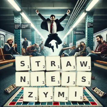 Kreatywna ilustracja do gry w Scrabble ze słowem STRAWNIEJSZYMI ułożonym z płytek na planszy.