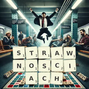 Kreatywna ilustracja do gry w Scrabble ze słowem STRAWNOSCIACH ułożonym z płytek na planszy.
