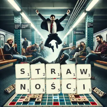 Kreatywna ilustracja do gry w Scrabble ze słowem STRAWNOŚCI ułożonym z płytek na planszy.