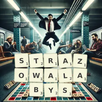 Kreatywna ilustracja do gry w Scrabble ze słowem STRAZOWALABYS ułożonym z płytek na planszy.