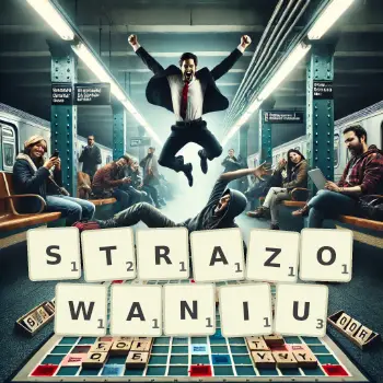 Kreatywna ilustracja do gry w Scrabble ze słowem STRAZOWANIU ułożonym z płytek na planszy.