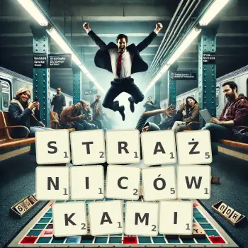 Kreatywna ilustracja do gry w Scrabble ze słowem STRAŻNICÓWKAMI ułożonym z płytek na planszy.