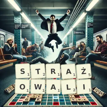 Kreatywna ilustracja do gry w Scrabble ze słowem STRAŻOWALI ułożonym z płytek na planszy.