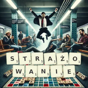 Kreatywna ilustracja do gry w Scrabble ze słowem STRAŻOWANIE ułożonym z płytek na planszy.
