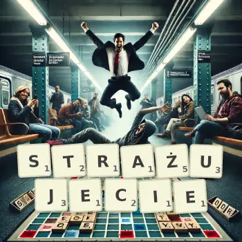 Kreatywna ilustracja do gry w Scrabble ze słowem STRAŻUJECIE ułożonym z płytek na planszy.