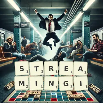 Kreatywna ilustracja do gry w Scrabble ze słowem STREAMINGI ułożonym z płytek na planszy.