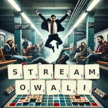 Kreatywna ilustracja do gry w Scrabble ze słowem STREAMOWALI ułożonym z płytek na planszy.