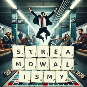 Kreatywna ilustracja do gry w Scrabble ze słowem STREAMOWALIŚMY ułożonym z płytek na planszy.