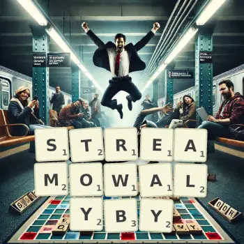 Kreatywna ilustracja do gry w Scrabble ze słowem STREAMOWALYBY ułożonym z płytek na planszy.