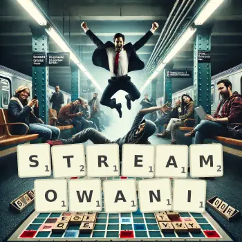 Kreatywna ilustracja do gry w Scrabble ze słowem STREAMOWANI ułożonym z płytek na planszy.