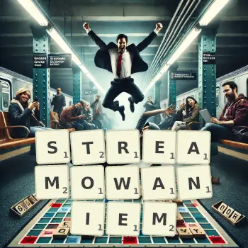 Kreatywna ilustracja do gry w Scrabble ze słowem STREAMOWANIEM ułożonym z płytek na planszy.