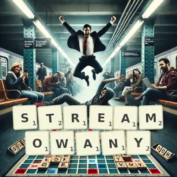 Kreatywna ilustracja do gry w Scrabble ze słowem STREAMOWANY ułożonym z płytek na planszy.