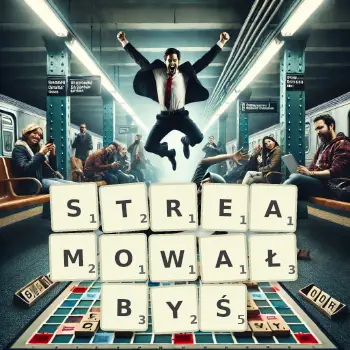 Kreatywna ilustracja do gry w Scrabble ze słowem STREAMOWAŁBYŚ ułożonym z płytek na planszy.