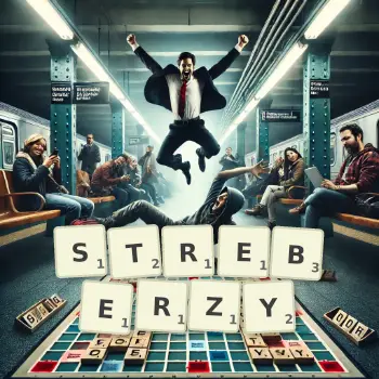 Kreatywna ilustracja do gry w Scrabble ze słowem STREBERZY ułożonym z płytek na planszy.