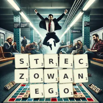 Kreatywna ilustracja do gry w Scrabble ze słowem STRECZOWANEGO ułożonym z płytek na planszy.