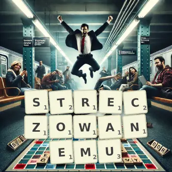 Kreatywna ilustracja do gry w Scrabble ze słowem STRECZOWANEMU ułożonym z płytek na planszy.