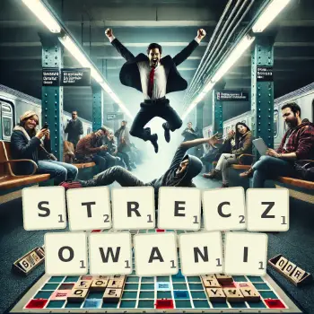 Kreatywna ilustracja do gry w Scrabble ze słowem STRECZOWANI ułożonym z płytek na planszy.