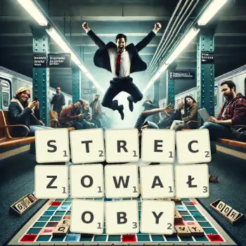 Kreatywna ilustracja do gry w Scrabble ze słowem STRECZOWAŁOBY ułożonym z płytek na planszy.