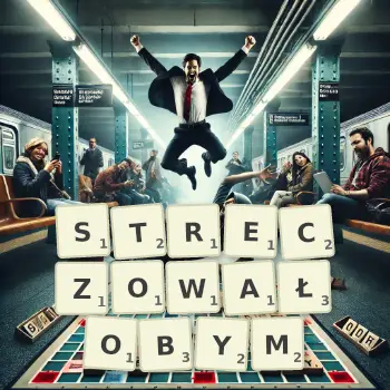 Kreatywna ilustracja do gry w Scrabble ze słowem STRECZOWAŁOBYM ułożonym z płytek na planszy.