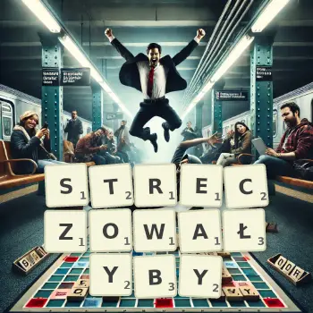 Kreatywna ilustracja do gry w Scrabble ze słowem STRECZOWAŁYBY ułożonym z płytek na planszy.