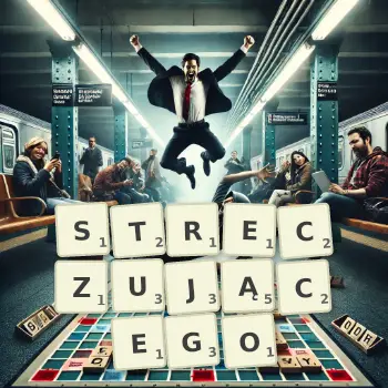 Kreatywna ilustracja do gry w Scrabble ze słowem STRECZUJĄCEGO ułożonym z płytek na planszy.