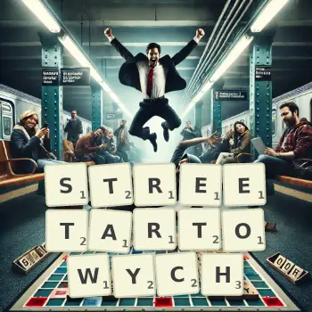 Kreatywna ilustracja do gry w Scrabble ze słowem STREETARTOWYCH ułożonym z płytek na planszy.