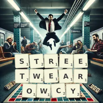Kreatywna ilustracja do gry w Scrabble ze słowem STREETWEAROWCY ułożonym z płytek na planszy.