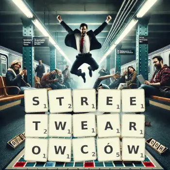 Kreatywna ilustracja do gry w Scrabble ze słowem STREETWEAROWCÓW ułożonym z płytek na planszy.