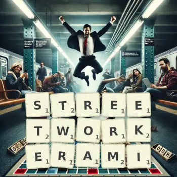 Kreatywna ilustracja do gry w Scrabble ze słowem STREETWORKERAMI ułożonym z płytek na planszy.