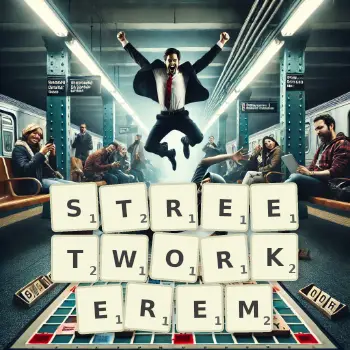 Kreatywna ilustracja do gry w Scrabble ze słowem STREETWORKEREM ułożonym z płytek na planszy.