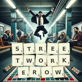 Kreatywna ilustracja do gry w Scrabble ze słowem STREETWORKEROW ułożonym z płytek na planszy.