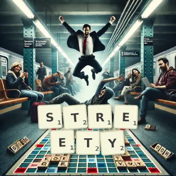 Kreatywna ilustracja do gry w Scrabble ze słowem STREETY ułożonym z płytek na planszy.