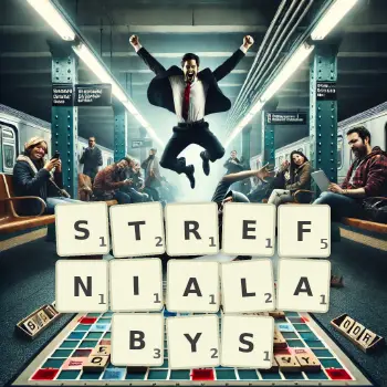 Kreatywna ilustracja do gry w Scrabble ze słowem STREFNIALABYS ułożonym z płytek na planszy.