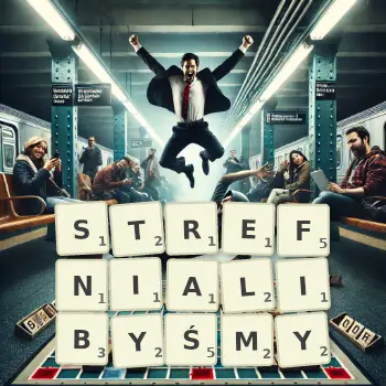 Kreatywna ilustracja do gry w Scrabble ze słowem STREFNIALIBYŚMY ułożonym z płytek na planszy.