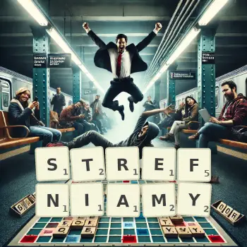 Kreatywna ilustracja do gry w Scrabble ze słowem STREFNIAMY ułożonym z płytek na planszy.