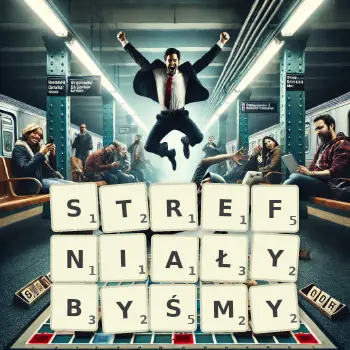 Kreatywna ilustracja do gry w Scrabble ze słowem STREFNIAŁYBYŚMY ułożonym z płytek na planszy.