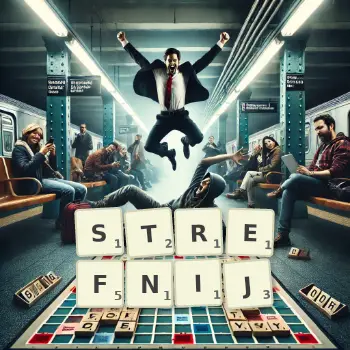 Kreatywna ilustracja do gry w Scrabble ze słowem STREFNIJ ułożonym z płytek na planszy.