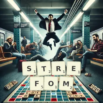 Kreatywna ilustracja do gry w Scrabble ze słowem STREFOM ułożonym z płytek na planszy.