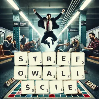 Kreatywna ilustracja do gry w Scrabble ze słowem STREFOWALIŚCIE ułożonym z płytek na planszy.