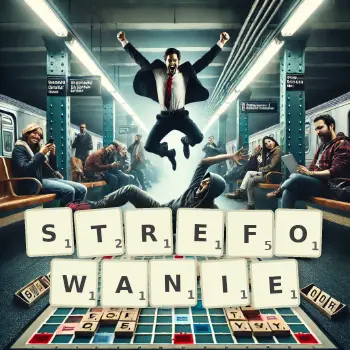 Kreatywna ilustracja do gry w Scrabble ze słowem STREFOWANIE ułożonym z płytek na planszy.