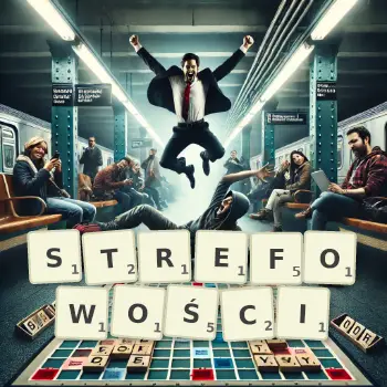 Kreatywna ilustracja do gry w Scrabble ze słowem STREFOWOŚCI ułożonym z płytek na planszy.