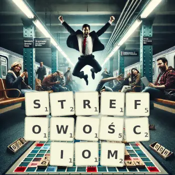 Kreatywna ilustracja do gry w Scrabble ze słowem STREFOWOŚCIOM ułożonym z płytek na planszy.
