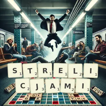 Kreatywna ilustracja do gry w Scrabble ze słowem STRELICJAMI ułożonym z płytek na planszy.