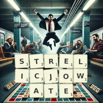 Kreatywna ilustracja do gry w Scrabble ze słowem STRELICJOWATE ułożonym z płytek na planszy.