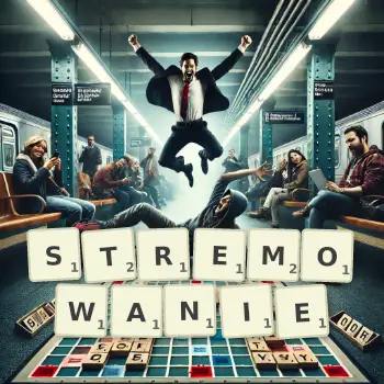 Kreatywna ilustracja do gry w Scrabble ze słowem STREMOWANIE ułożonym z płytek na planszy.