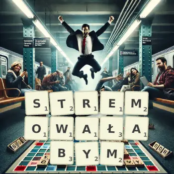 Kreatywna ilustracja do gry w Scrabble ze słowem STREMOWAŁABYM ułożonym z płytek na planszy.