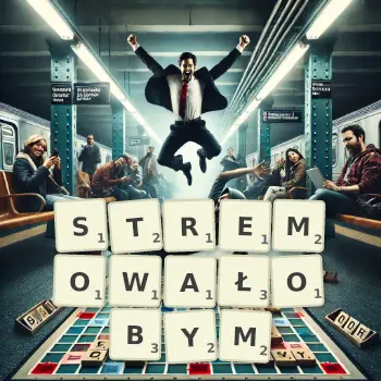 Kreatywna ilustracja do gry w Scrabble ze słowem STREMOWAŁOBYM ułożonym z płytek na planszy.
