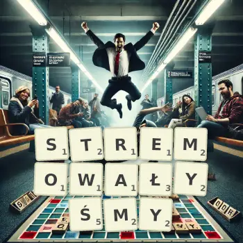 Kreatywna ilustracja do gry w Scrabble ze słowem STREMOWAŁYŚMY ułożonym z płytek na planszy.